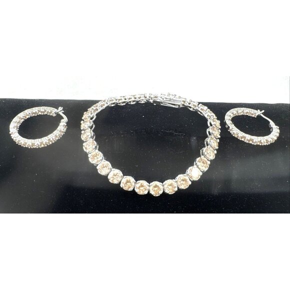 .925 Silver Bracelet & Hoop Earring Set W/Champagne Cubic Zirconia Stones - Picture 1 of 4